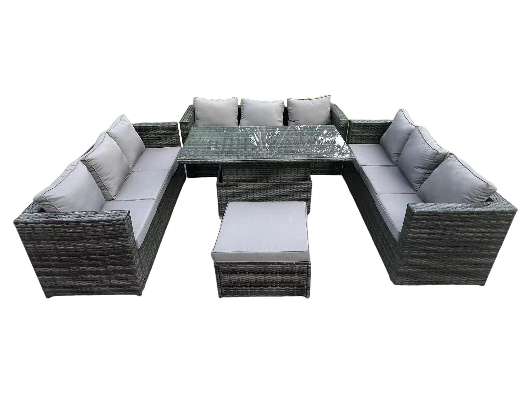 GARTENMÖBEL HÖHENVERSTELLBARER ESSTISCH SET Polyrattan Outdoor 10-Sitzer - Dunkelgrau/Grau, Glas/Kunststoff - Fimous