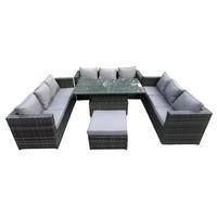 GARTENMÖBEL HÖHENVERSTELLBARER ESSTISCH SET Polyrattan Outdoor 10-Sitzer - Dunkelgrau/Grau, Glas/Kunststoff - Fimous