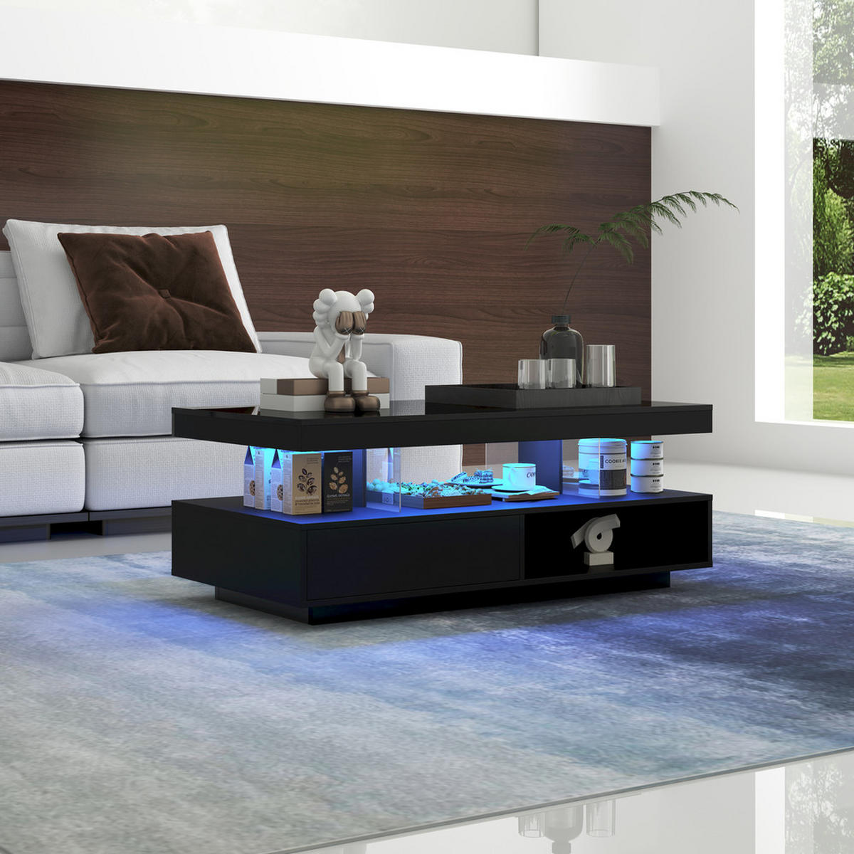 COUCHTISCH 95x50cm Schwarz Hochglanz 4 Glasplatten 2 Schubladen 2 Fächer - Schwarz, Holz (103.99/59/17.5cm) - FLIEKS