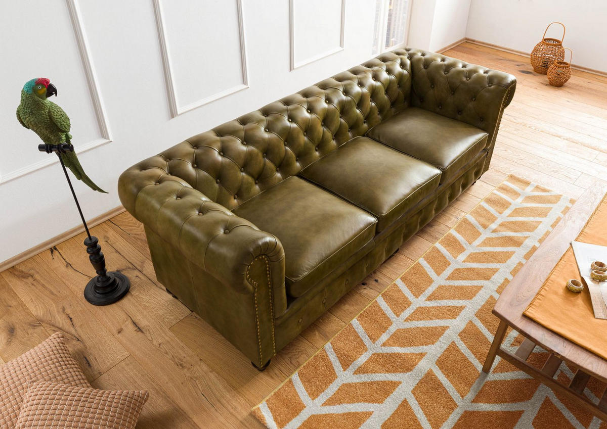 SOFA 3-Sitzer Echtleder 216x82x75 grün CHESTERFIELD #303 - Grün, Leder (216/75/82cm) - Massivmoebel24