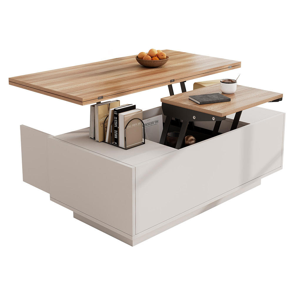 COUCHTISCH mit Doppel-Hebemechanismus，weiß - Weiß, Holz (100/50/55.5cm) - KOMHTOM