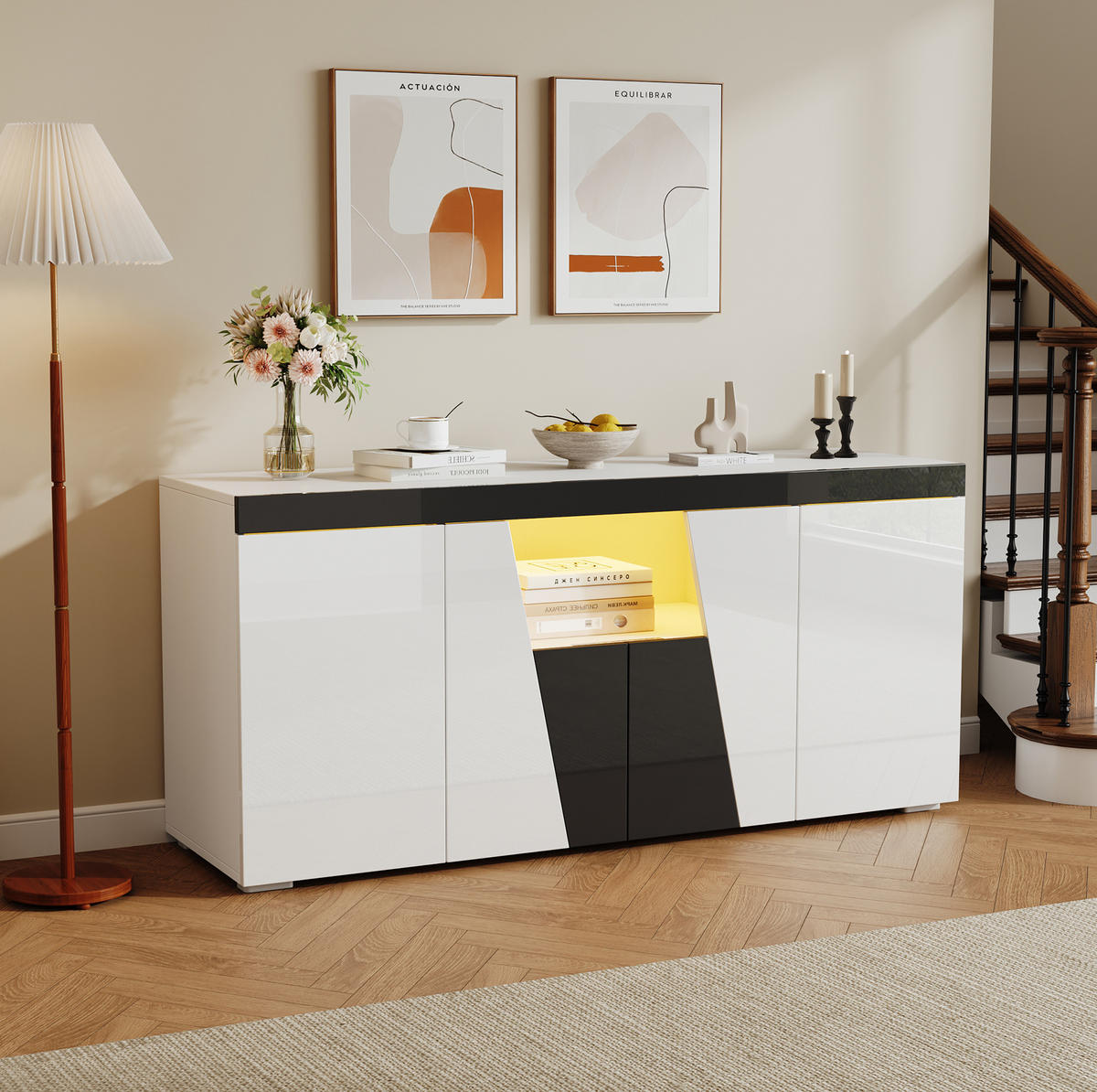 SIDEBOARD 140/40/65 cm weiß aus Spanplatte mit LED und Hochglanzfront - Weiß, Holzwerkstoff (140/65/40cm) - OKWISH