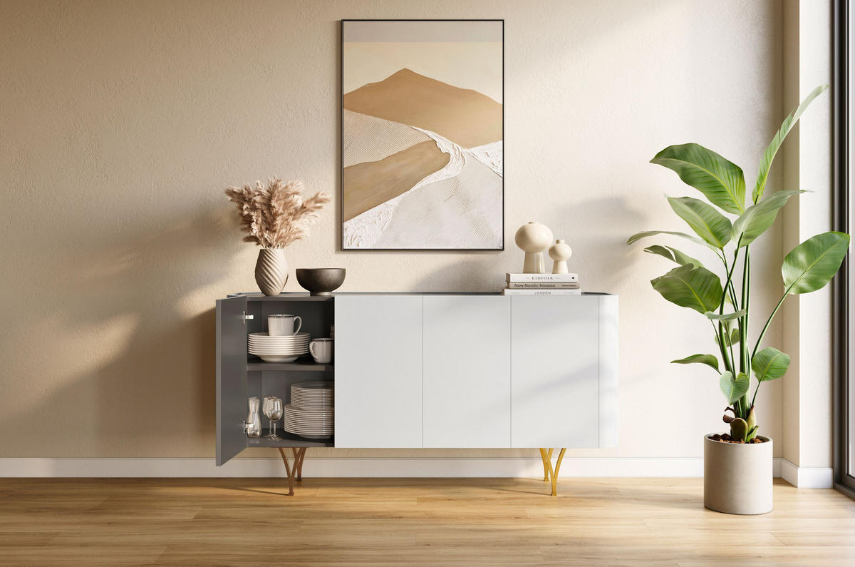 SIDEBOARD Monza, Grau/Schwarz/Gold - Goldfarben/Schwarz, Holzwerkstoff/Metall (160.3/82.6/40cm) - Dancan