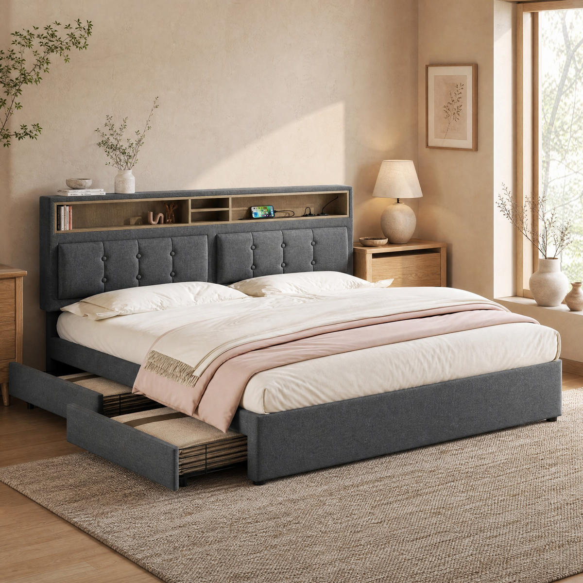 POLSTERBETT 140/200 cm in Grau Leinen mit 4 Schubladen, USB, Type-C und verstellbarem Kopfteil - Grau, Holzwerkstoff/Textil (140/200cm) - STILVORA