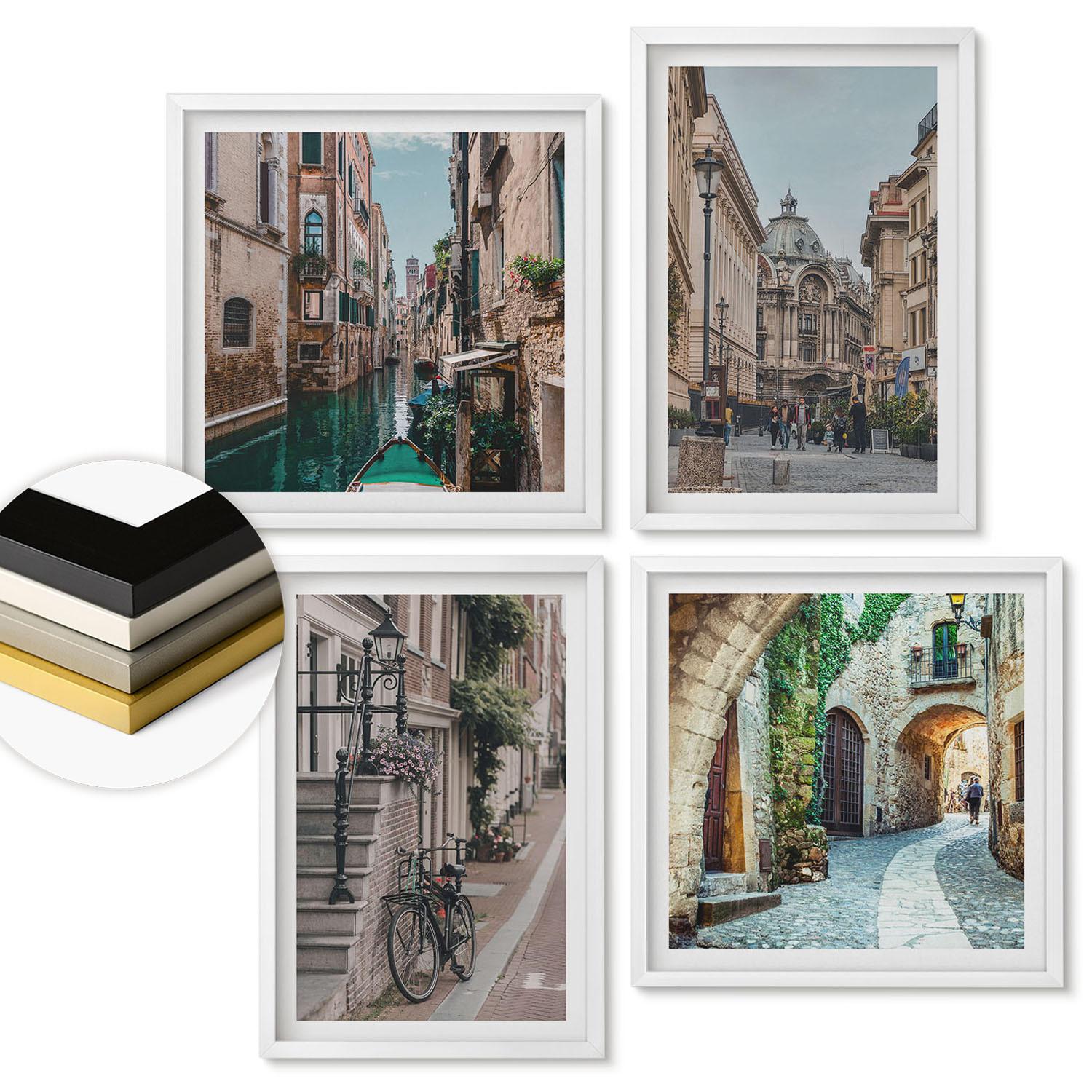 WANDBILDER 4er-Set - 50x50 cm & 40x60 cm Weißer Rahmen - Venezianische Straßen Wasserarchitektur - Weiß, Kunststoff (50/50cm) - ArtPrintCave