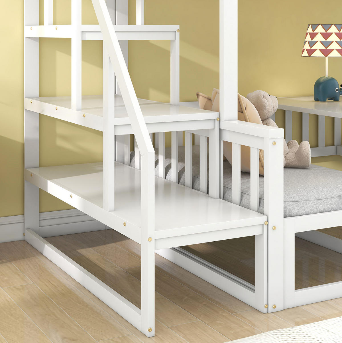 ETAGENBETT aus Kiefer und MDF 245,5x125x170 cm Weiß mit Treppe, verstellbarem Tisch und ausziehbarer Liegefläche - Weiß, Holzwerkstoff (90/200cm) - Modfu