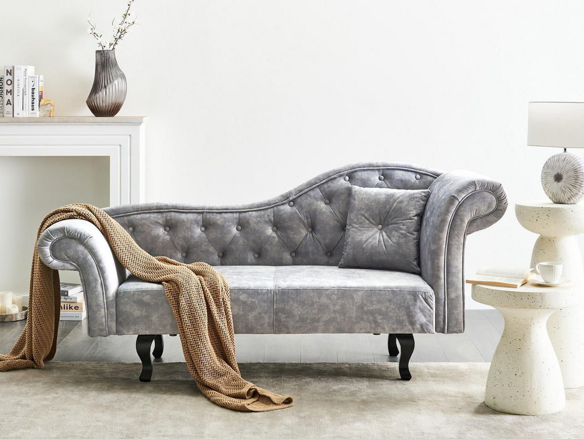 ČALOUNĚNÉ LEHÁTKO CHAISE LONGUE PRAVOSTRANNÉ Sametová látka Šedé s polštářem Lattes II - tmavě šedá/hnědá, textil (192/81/59cm) - Beliani