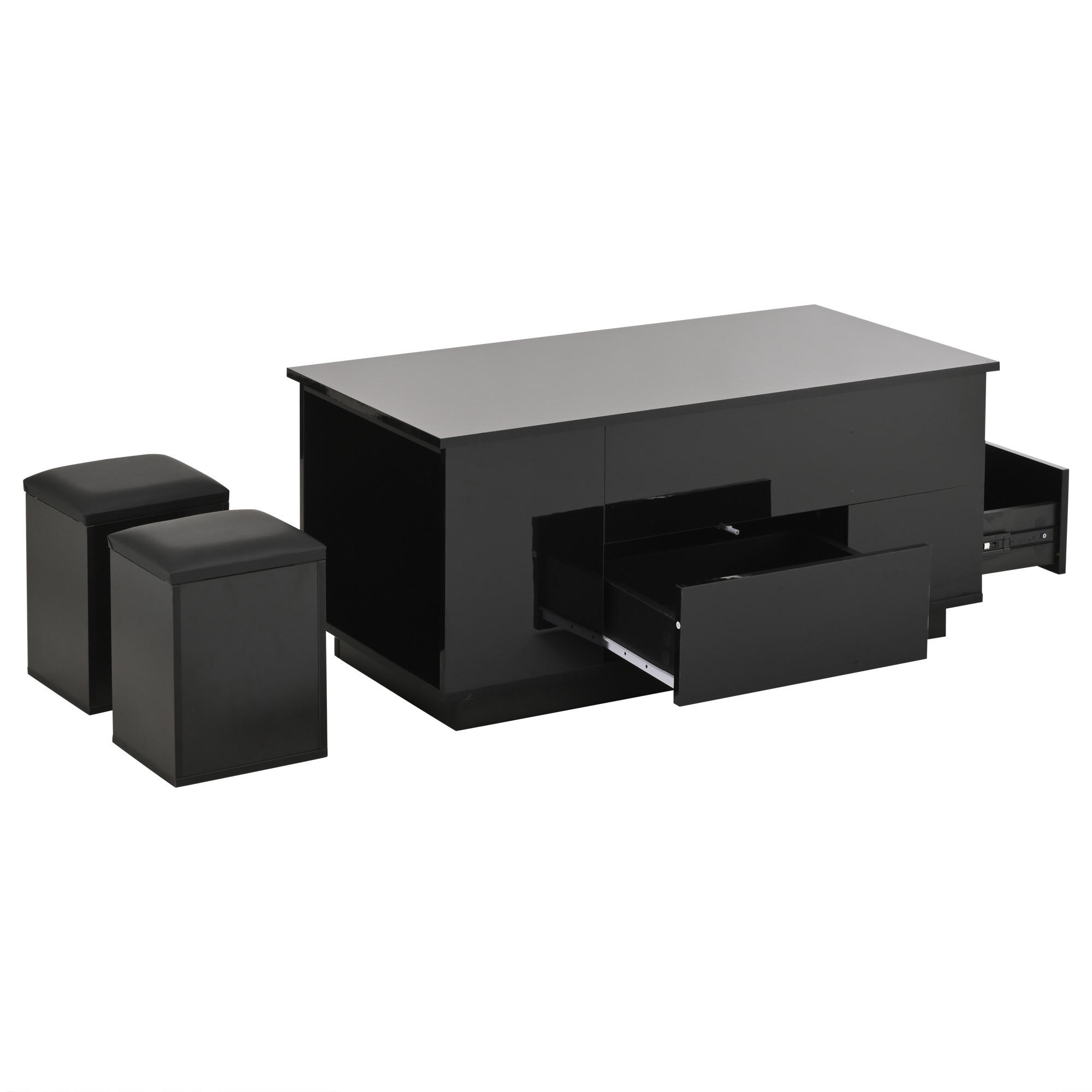 COUCHTISCH Schwarz, 100/50/45 cm mit 2 Hockern, Hubfunktion und LED - Schwarz, Holzwerkstoff (50/100/40cm) - PANGIVO