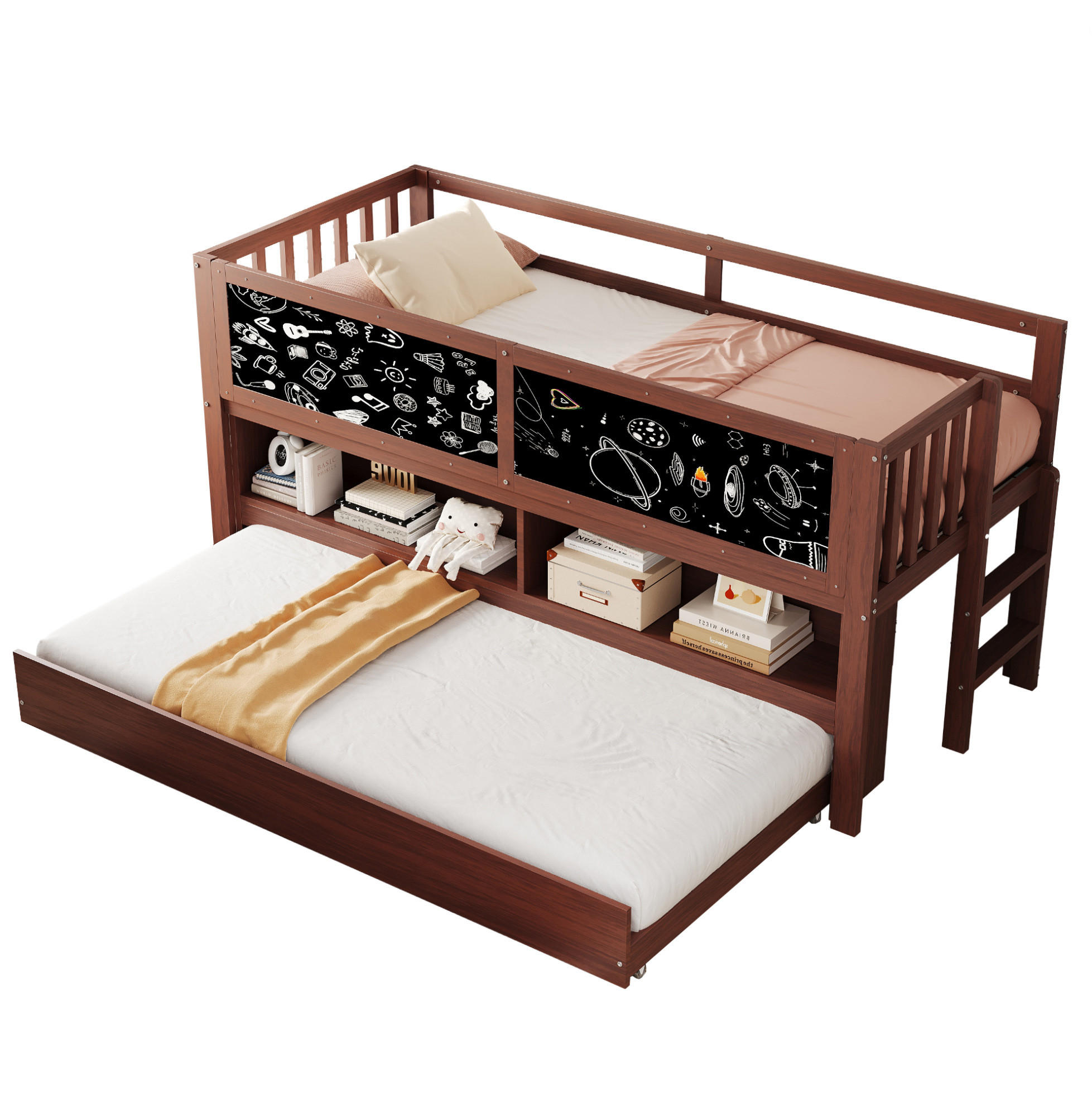 KINDERBETT 90/200 cm mit Rollbett, Stauraum und Tafeloberflächen in Braun - Braun, Holz (90/200cm) - BEAOK