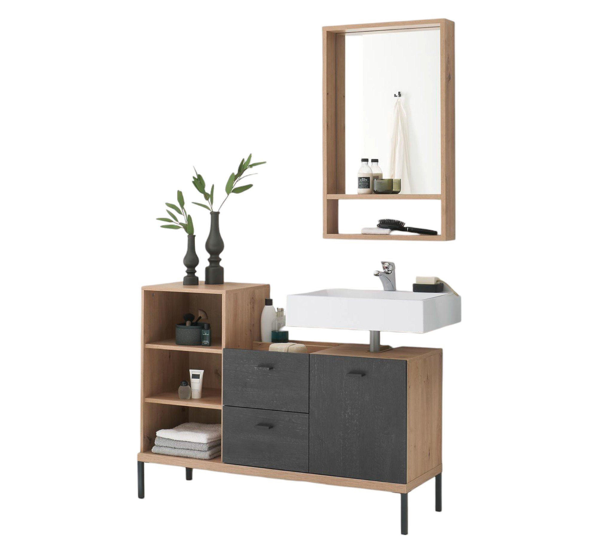 BADMÖBEL-SET Ewa 117x38x190 Asteiche/Flamed Wood Black - Schwarz, Holzwerkstoff (117/190/38cm) - 58aufmkessel