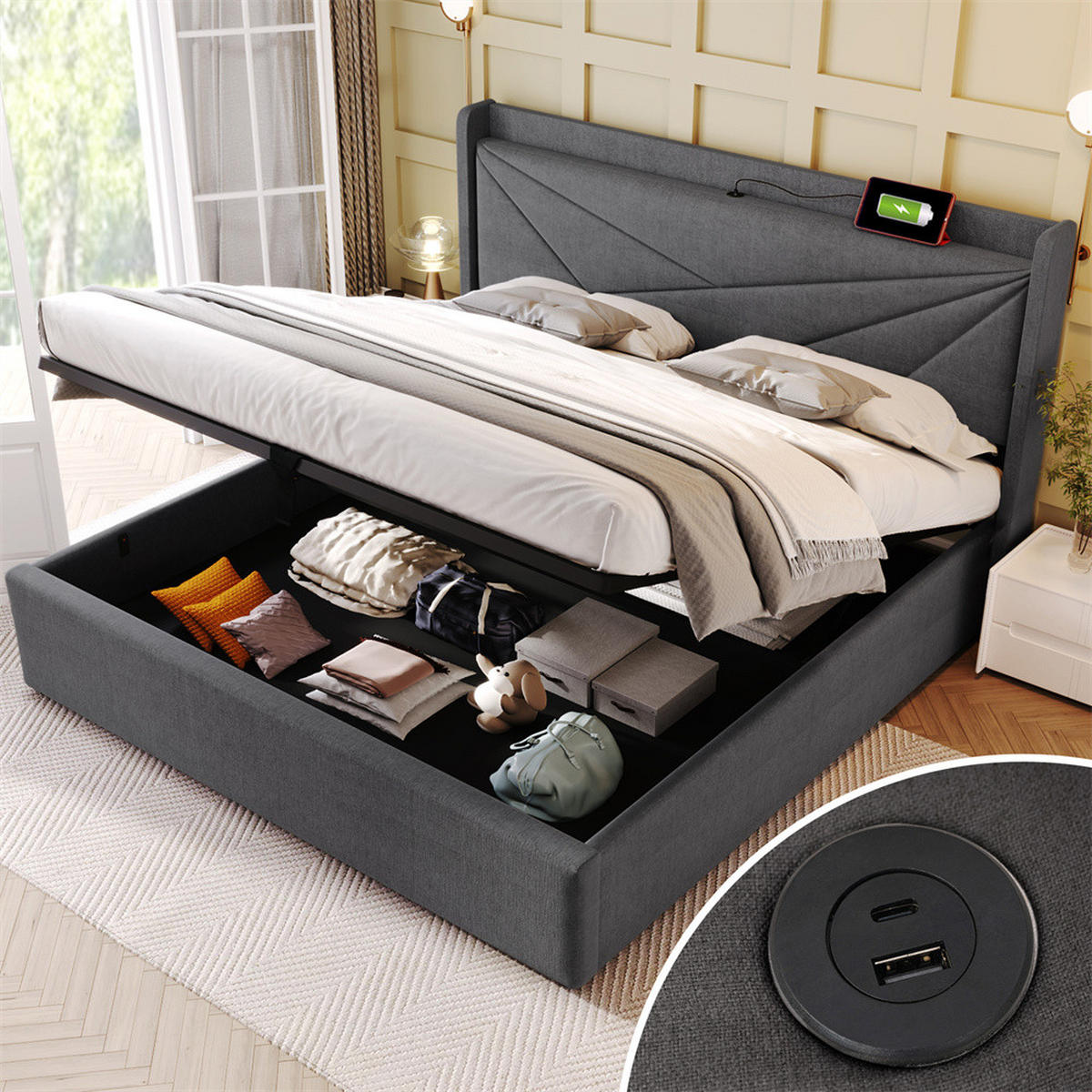 POLSTERBETT 160/200cm in Grau Leinen mit USB Typ C Ladefunktion Kopfteil - Grau, Holz/Textil (160/200cm) - KOMHTOM