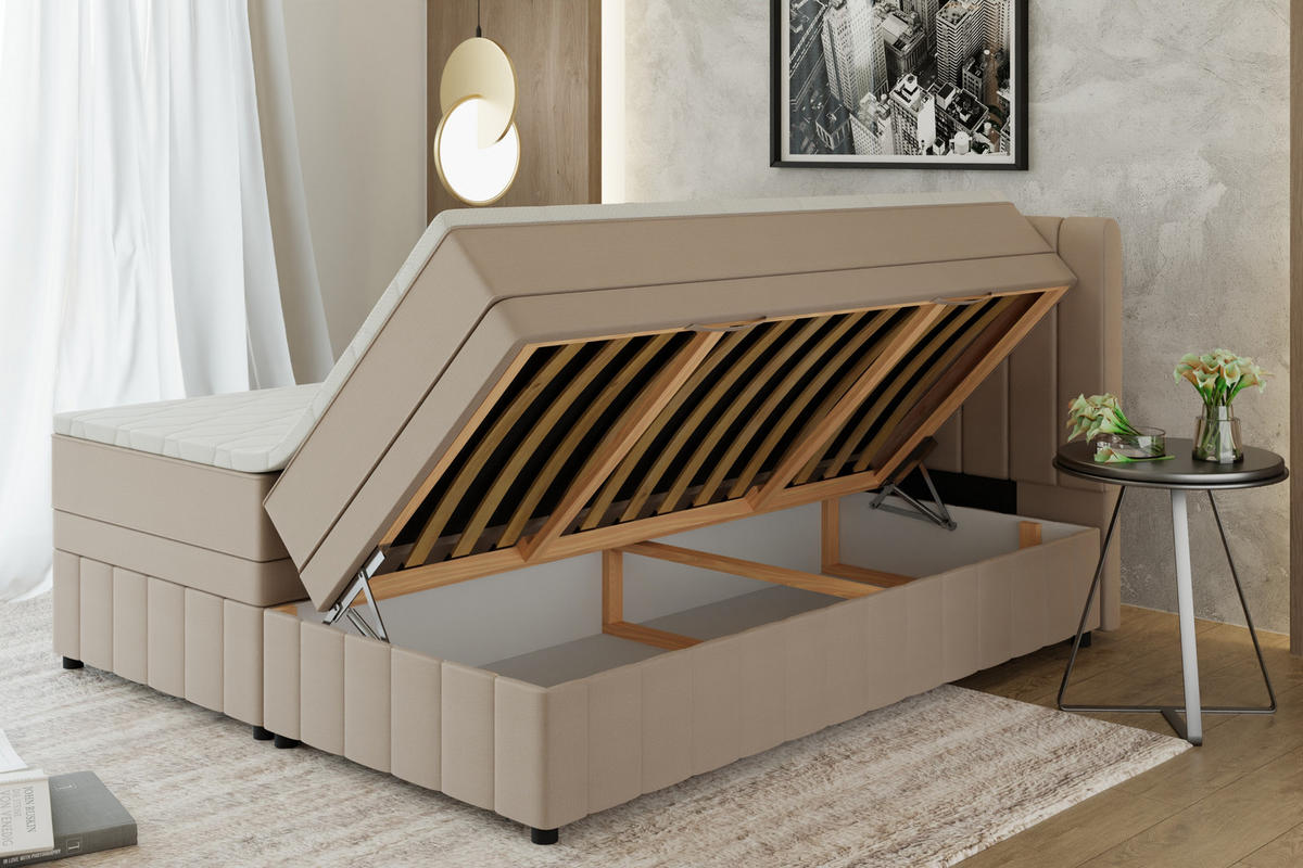 BOXBETT AVALON 180 x 200 cm mit Bettkasten und Topper - Beige - Beige, Holz - Panda Möbel