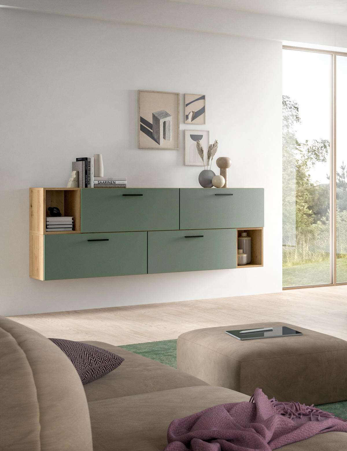 WOHNWAND Primo (B/H/T: ca. 176/97/34 cm) in Artisan Oak /Smoke Green - Eiche Artisan, Holzwerkstoff (176/97/34cm)