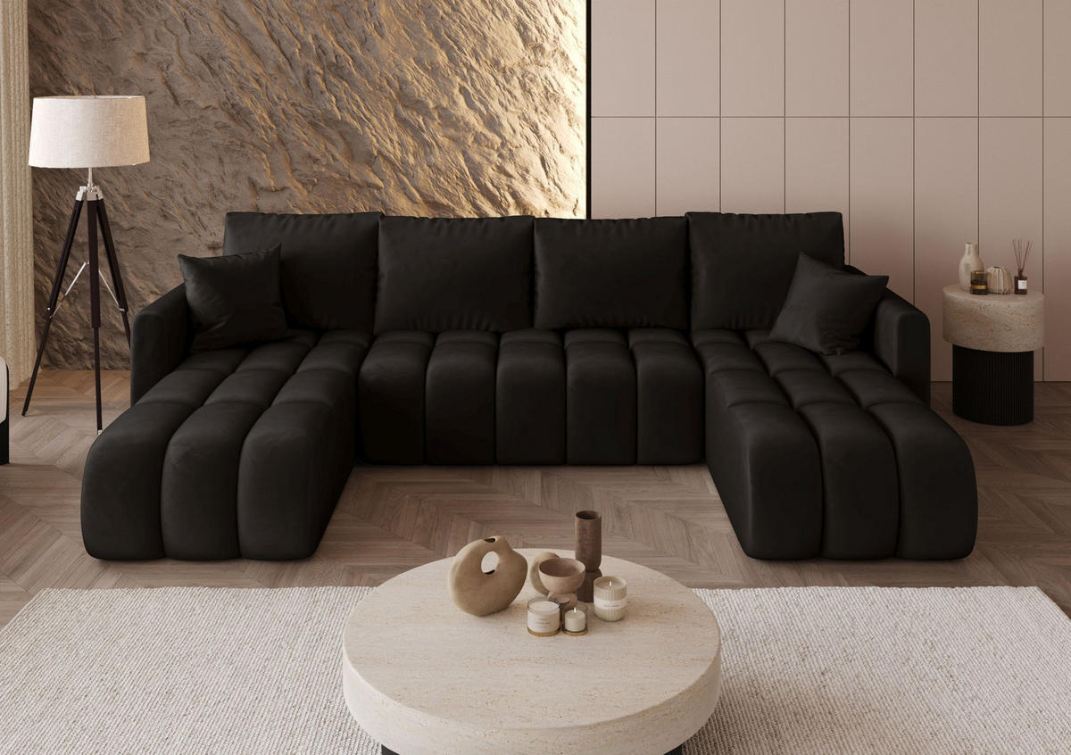 WOHNLANDSCHAFT GARDA U-Form schwarz Velours Monolith 97 - Schlaffunktion, Bettkasten - Schwarz, Textil (305/88/150cm) - Cornero