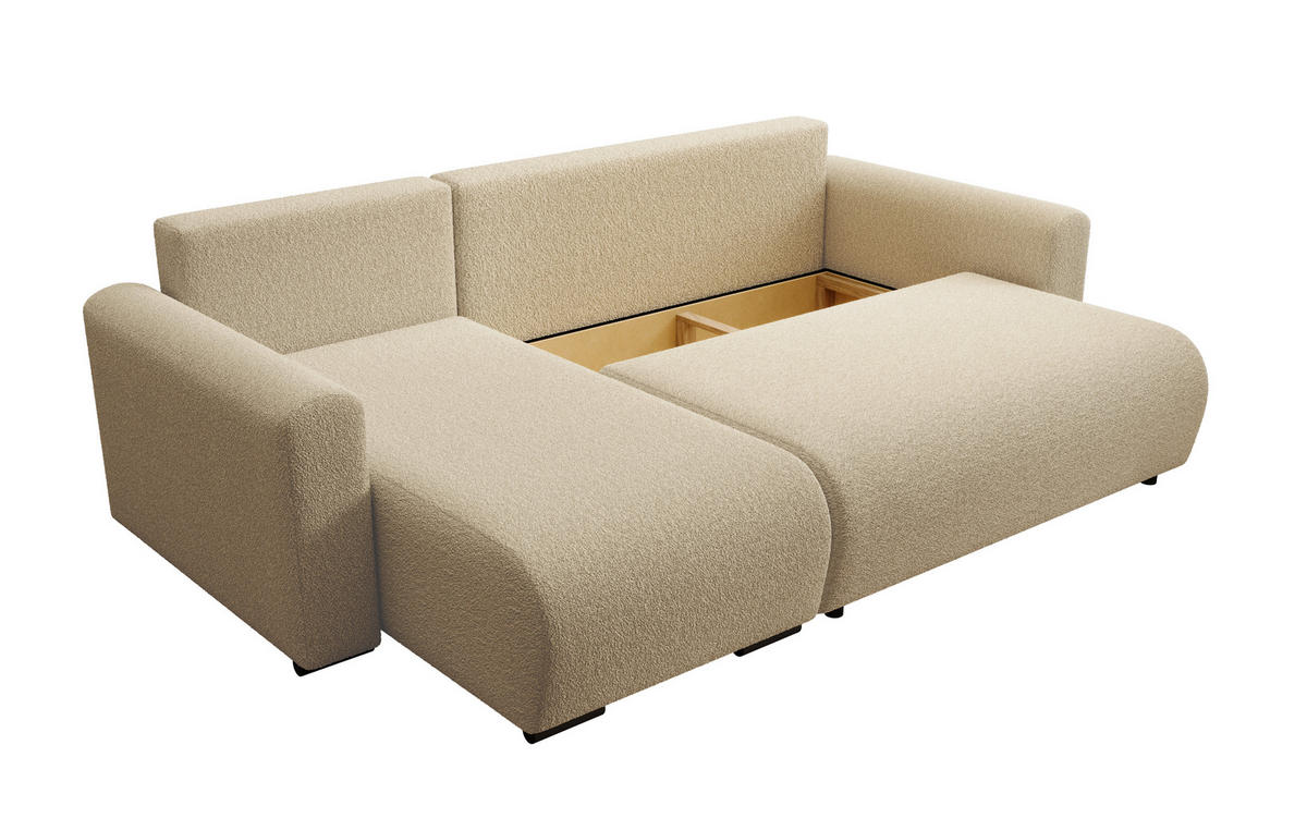 ECKSOFA DORA L, Eckcouch in L-Form mit Schlaffunktion und Bettkasten, Farbe: Creme, Bouclé-Stoff, Ottomane Links - Creme, Textil (240/143cm) - Storez24
