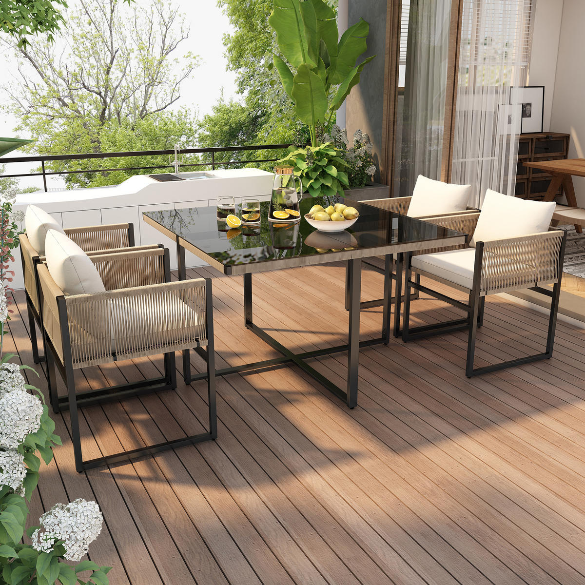 GARTENESSGRUPPE 5-tlg. Tisch 4 Stapelstühle Seil Eisen Glas - Beige, Metall - FLIEKS