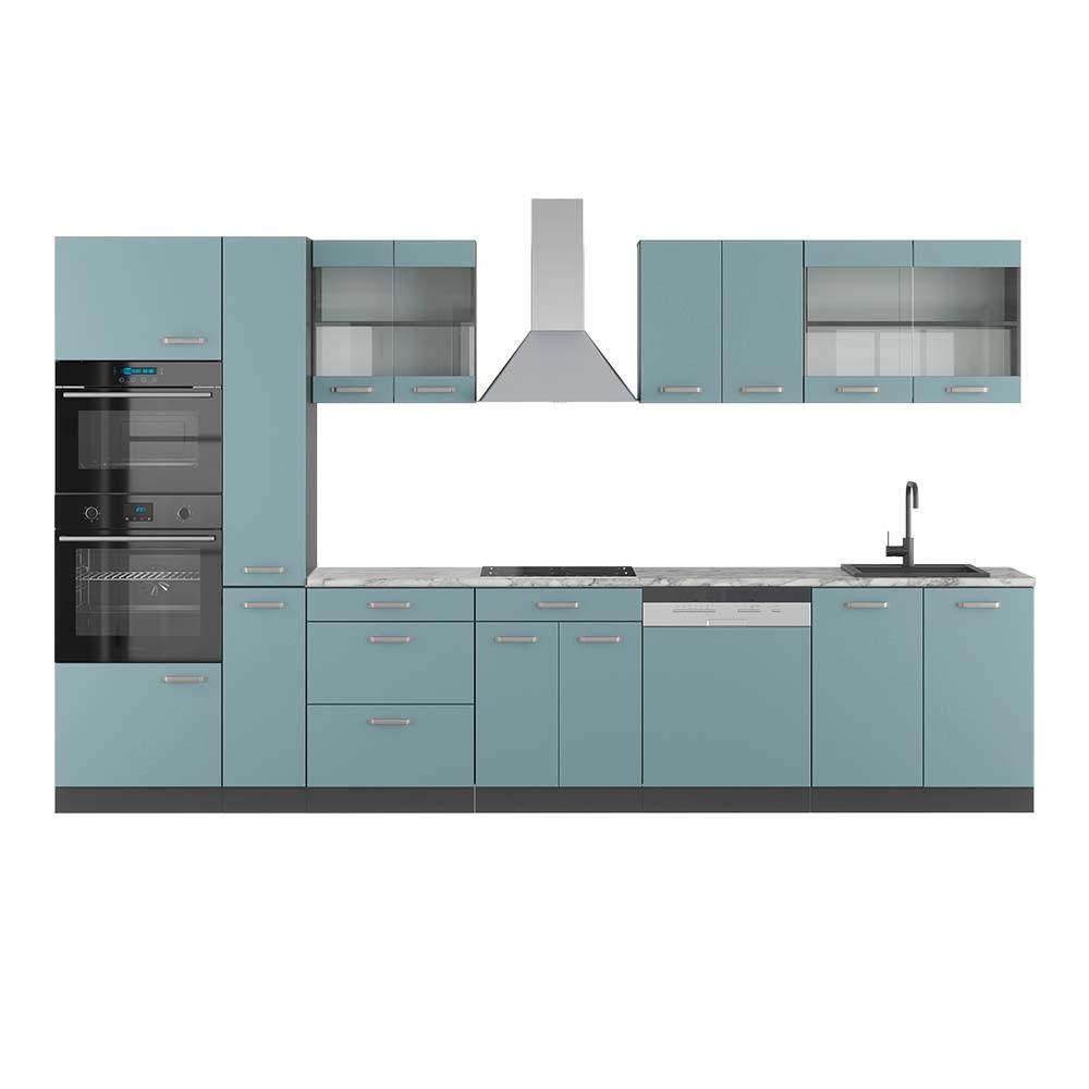 Vicco KUCHYŇSKÝ KOUT R-Line Modrošedá/antracitová 350 cm s vysokou skříní, PD Mramor