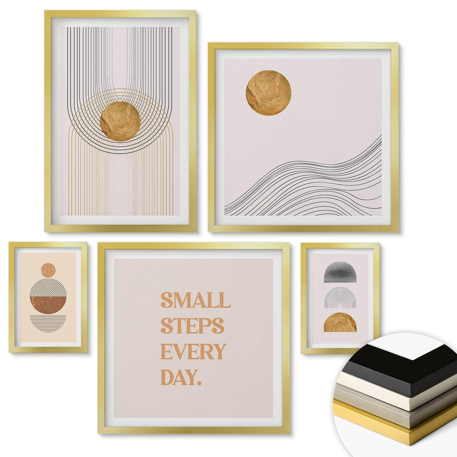 WANDBILDER 5er Set - 50x50 cm & 20x30 cm & 40x60 cm Goldrahmen - Herbstfarben Seerosenteich - Goldfarben, Kunststoff (40/60cm) - ArtPrintCave