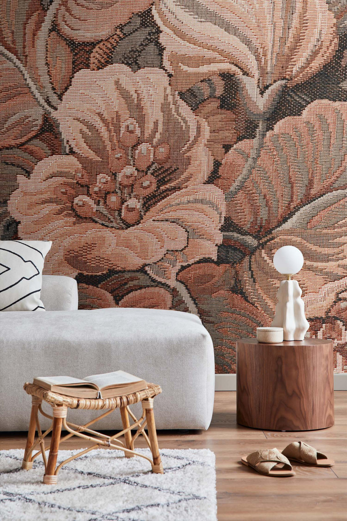 FOTOTAPETE gesticktes Blumenmuster 250 x 279 cm - Terracotta, Papier (250/279cm) - ESTAhome