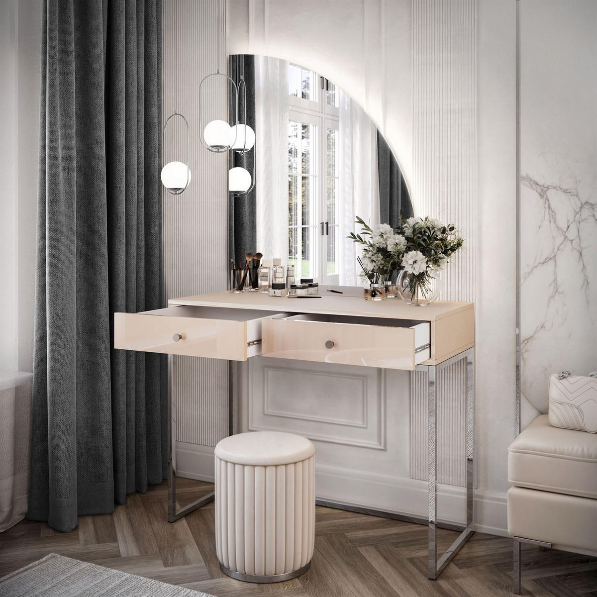 SCHMINKTISCH QUINNIE KASCHMIR mit LED-Spiegel Chrom rechts silber Griff - Kaschmir/Silberfarben, Holzwerkstoff (100/175/42cm) - Lookway