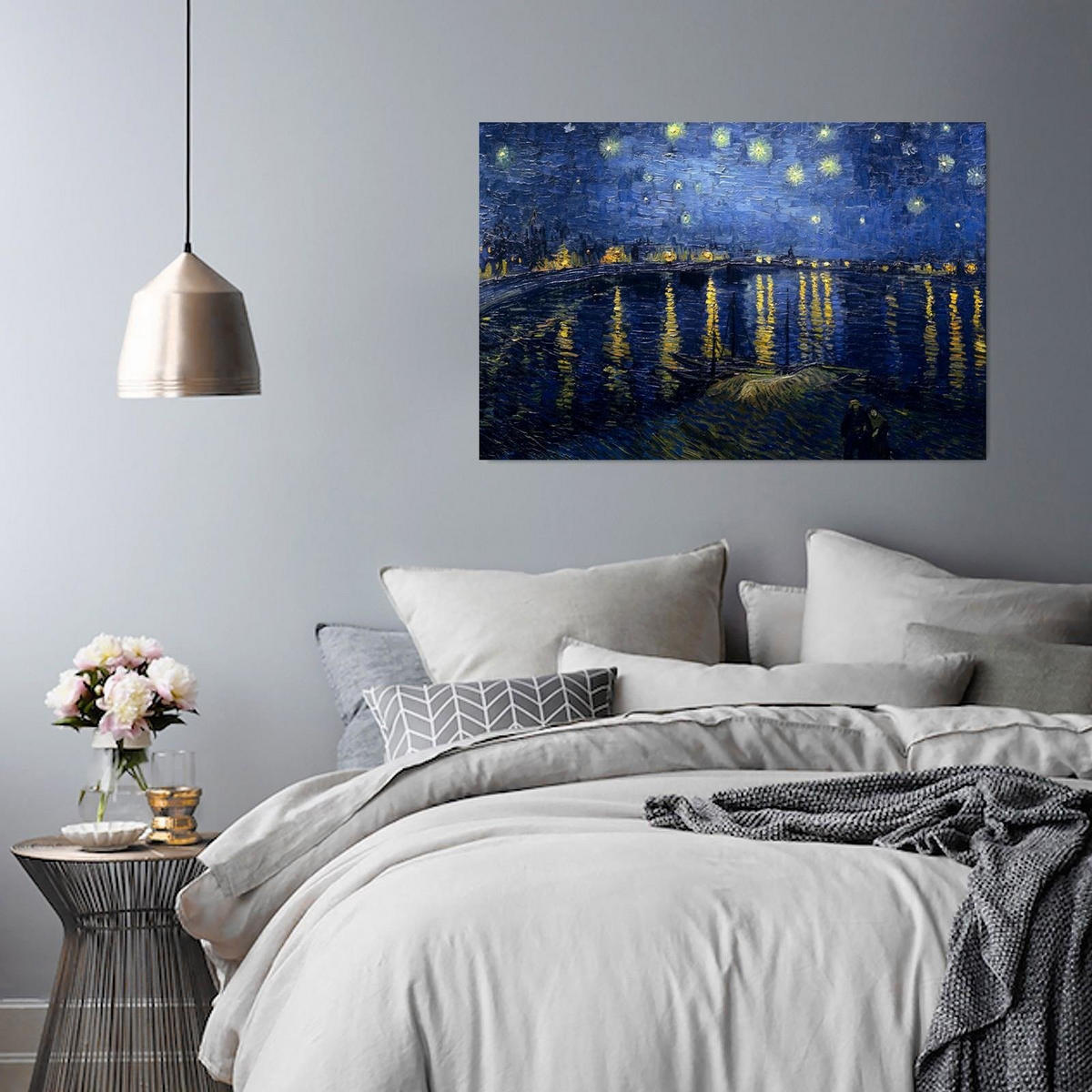 LEINWANDBILD Reproduktion eines Gemäldes von V. van Gogh - Sternennacht über der Rhône 100x70cm - Blau, Textil (100/70cm) - Feeby