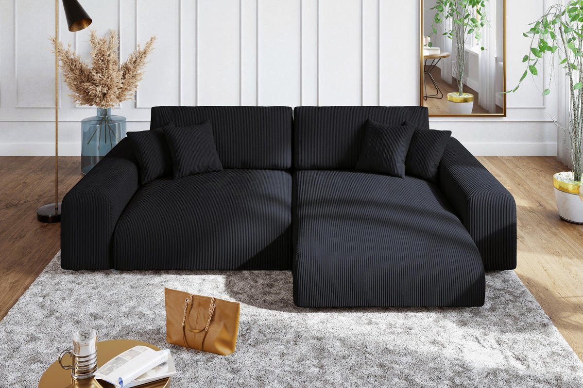ECKSOFA mit Schlaffunktion, Bettkasten, Wellenunterfederung, seitenverkehrt montierbar B255/T165/H84 cm, Liegefl. 148x196 cm, Cord Schwarz/ 21008 - Schwarz, Kunststoff/Textil (255/165cm) - luma-home