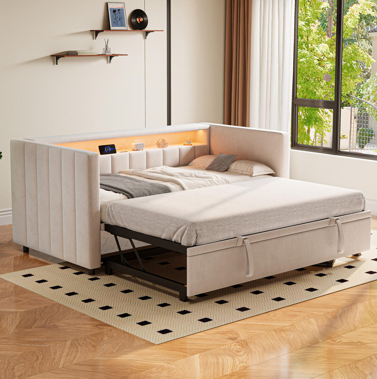 SCHLAFSOFA 90/190 cm mit Ausziehbett, LED-Beleuchtung, USB-Type-C und Samtbezug, Beige - Beige, Textil (201/73/100cm) - Redom
