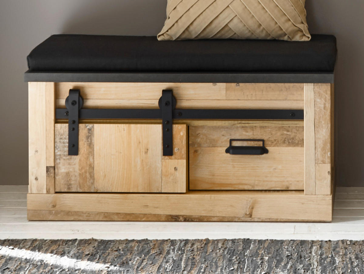 GARDEROBENBANK Used Wood Vintage 93 x 46 cm, Schiebetür und Soft-Close - Anthrazit/Schwarz, Holzwerkstoff/Metall (93/46/43cm) - Furn.Design