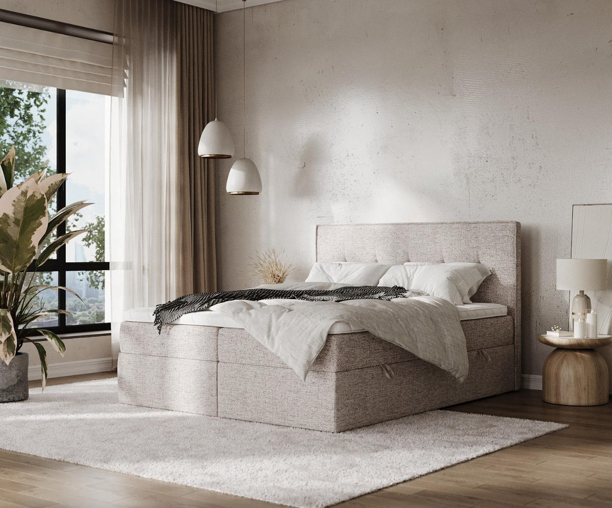 BOXBETT Mireo 200/200 cm Beige im Neve Stoff - Beige/Schwarz, Holz/Holzwerkstoff (200/200cm) - AltaBeds