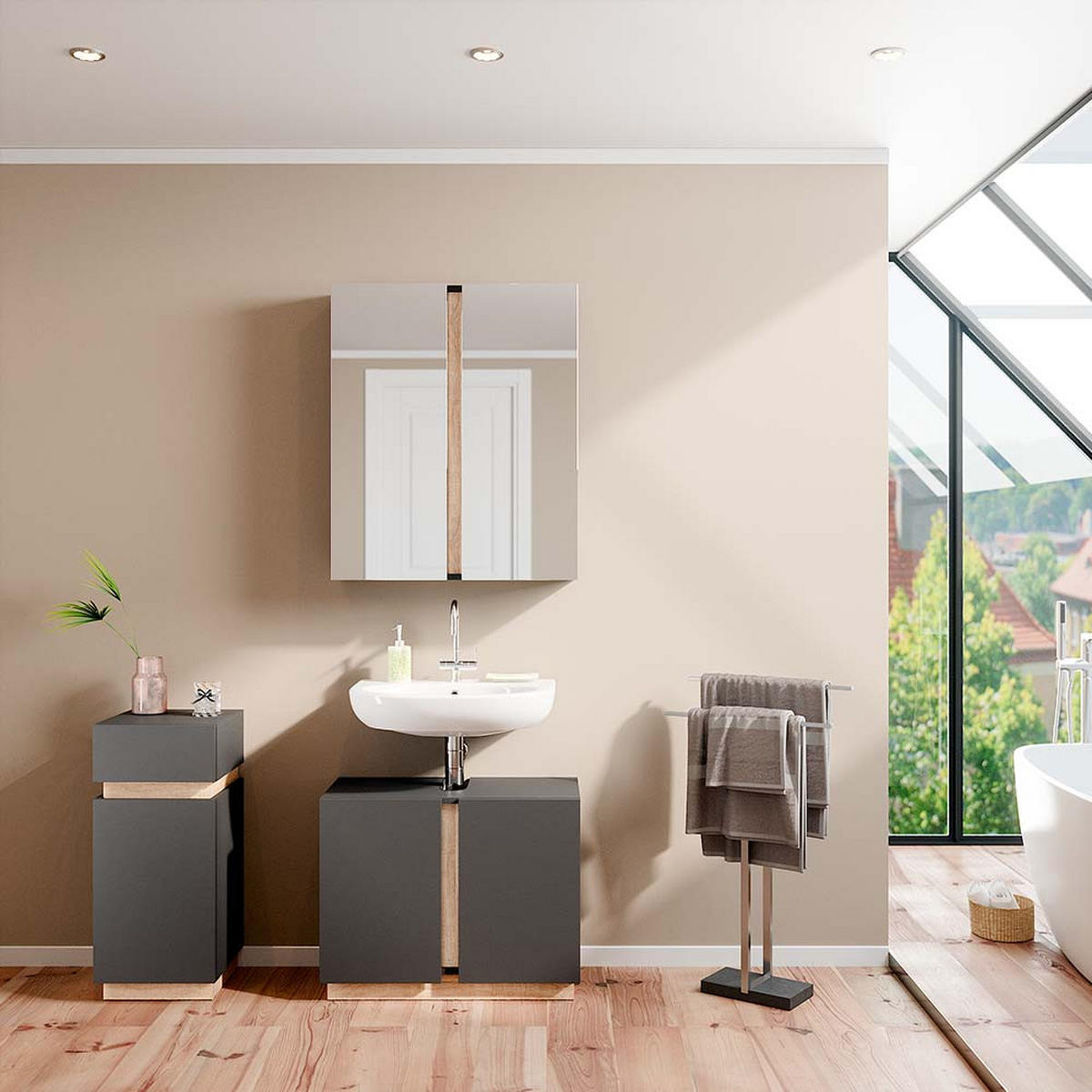 BADMÖBEL-SET Gloria Anthrazit 3 Teile, mit Midischrank - Anthrazit/Sonoma Eiche, Holzwerkstoff (70/55/34cm) - Vicco