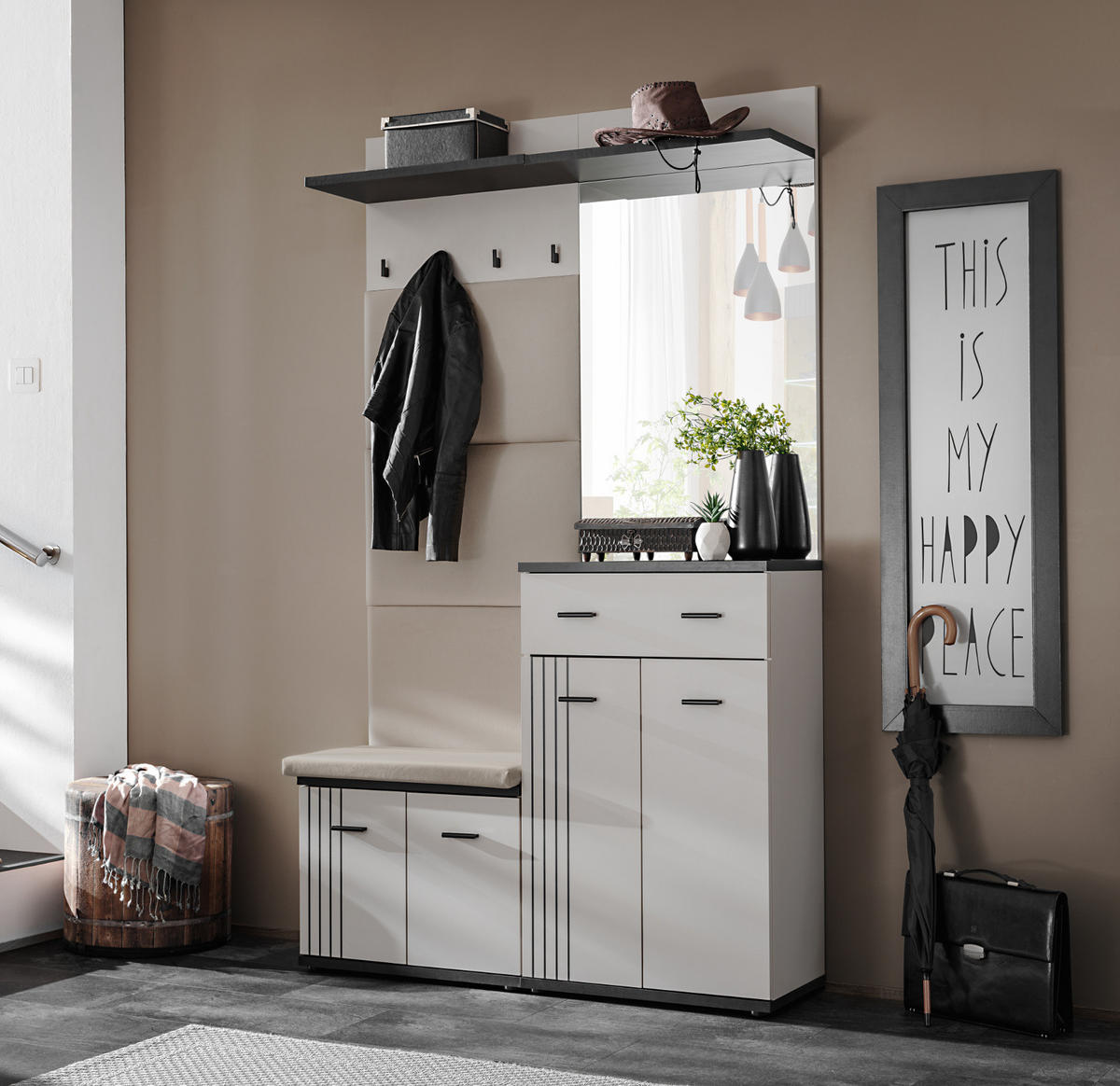 GARDEROBEN-SET Kaschmir, schwarz 4-teilig 120 cm, Flurgarderobe mit viel Stauraum - Kaschmir/Schwarz, Glas/Holzwerkstoff (120/20/32cm) - Inn.Furn