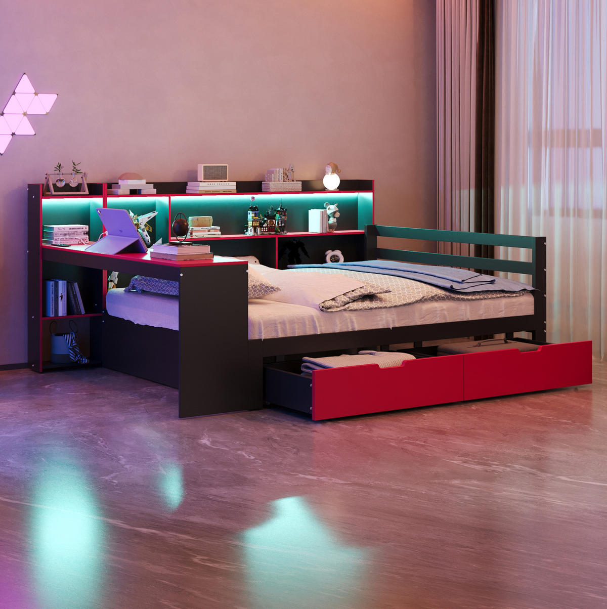 MULTIFUNKČNÁ posteľ 140/200 cm čierna s červenou z dreva s písacím stolom policami zásuvkami LED osvetlením a USB - čierna, kompozitné drevo (140/200cm) - OKWISH