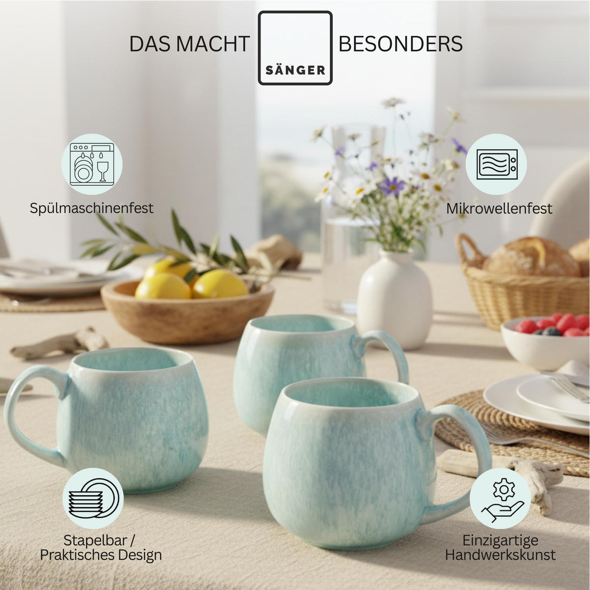 KOMBISERVICE PAROS - 16 teilig aus Steingut - Türkis, Stein (27/27/27cm) - Sänger