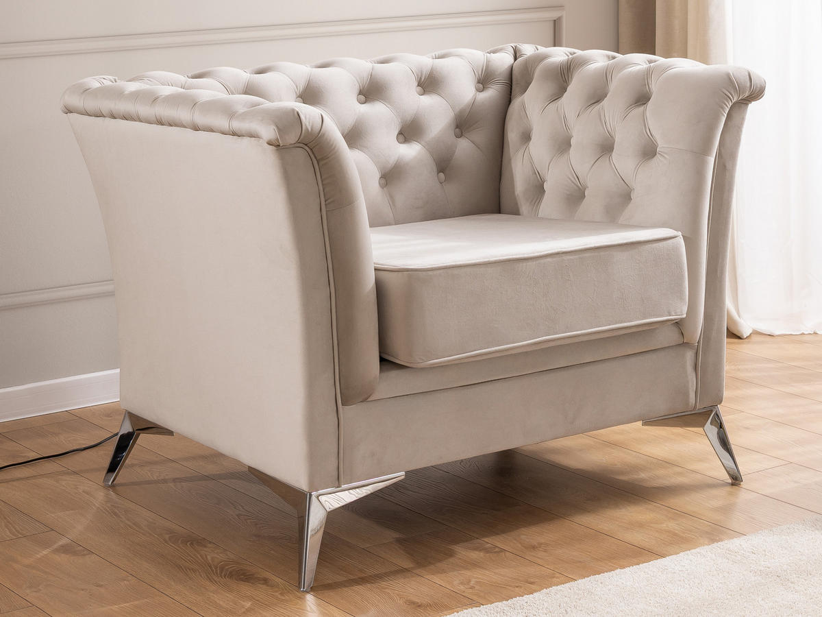 CHESTERFIELD-SESSEL Whitby Beige Samt mit silbernen Füßen - Beige/Silberfarben, Holz/Textil (116/78/82cm) - S-Style Möbel