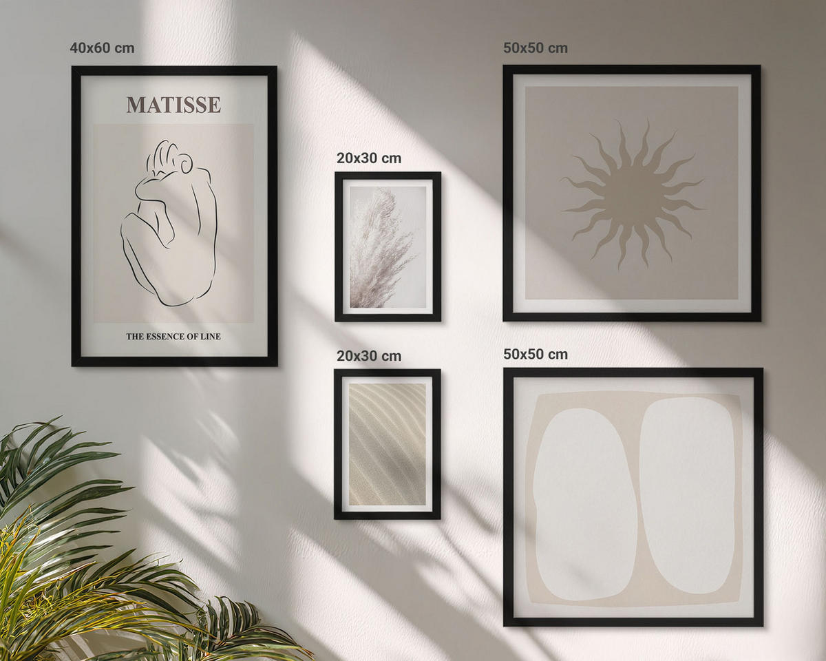 BILDER SET 5er Set - 50x50 cm & 20x30 cm & 40x60 cm Schwarzer Rahmen - Minimalistische Sandwellen - Schwarz, Kunststoff (40/60cm) - TULUP