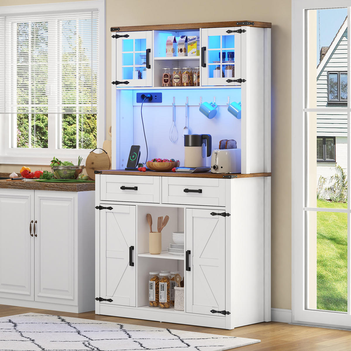 KÜCHENBUFFET mit LED-Beleuchtung, Glaselementen und verstellbaren Einlegeböden, 100 x 40 x 172 cm, Braun/Weiß, MDF - Braun, Holzwerkstoff (100/172/40cm) - SONNENH