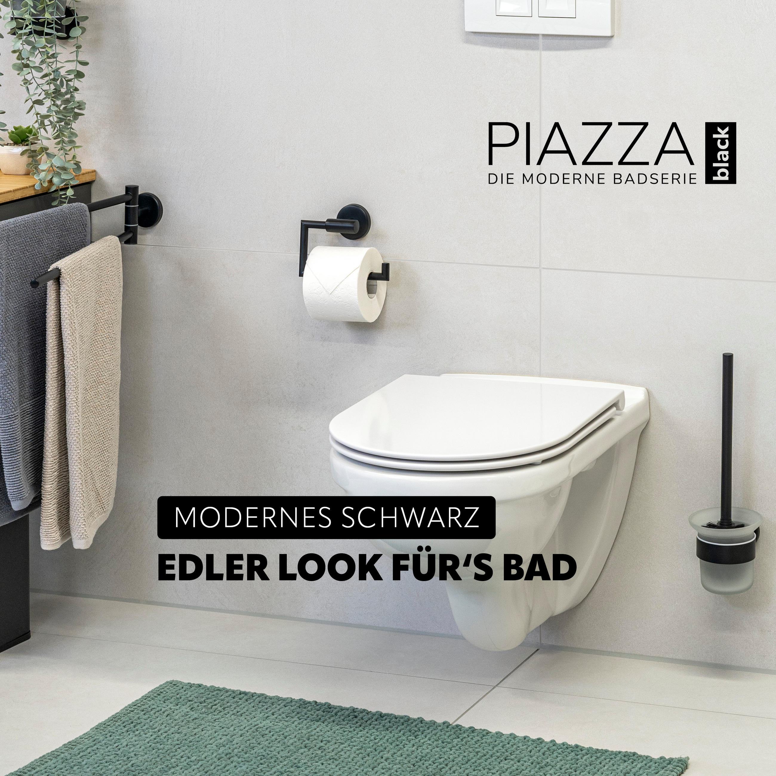 TOILETTENPAPIERHALTER PIAZZA BLACK, Glas schwarz, Edelstahl, inkl. Klebeset - Schwarz, Metall (15.5/11/6cm) - bremermann