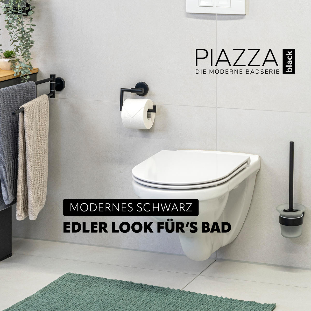 TOILETTENPAPIERHALTER PIAZZA BLACK, Glas schwarz, Edelstahl, inkl. Klebeset - Schwarz, Metall (15.5/11/6cm) - bremermann