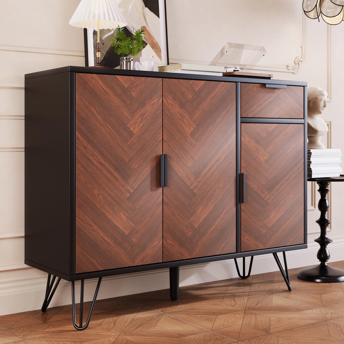 SIDEBOARD mit Schublade und höhenverstellbaren Einlegeböden, 90/30/71,5 cm, Schwarz und Holzoptik - Naturfarben, Holzwerkstoff (90/71.5/30cm) - Redom