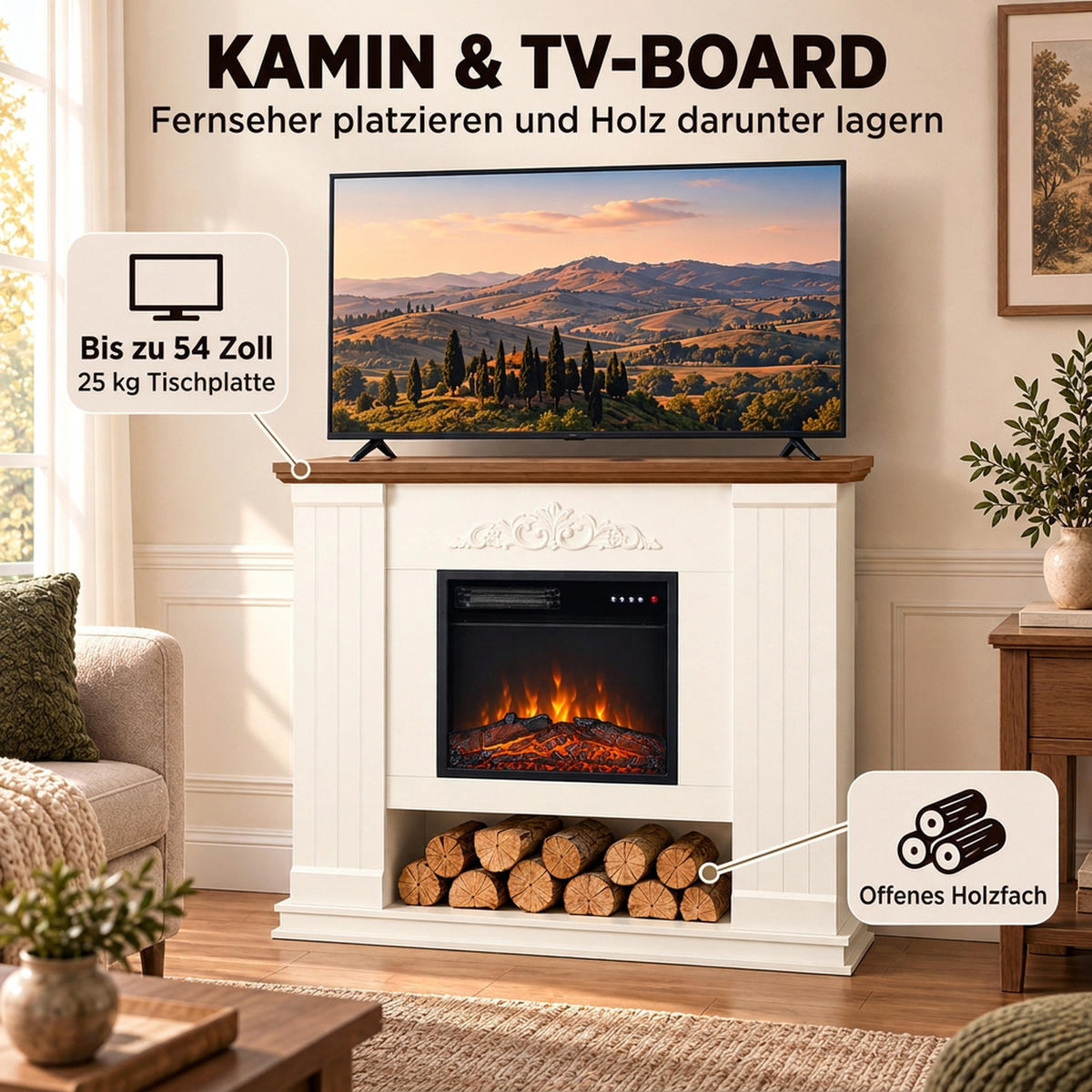 ELEKTROKAMIN Stahl Spanplatte Weiß - Weiß, Holzwerkstoff (26/110/115cm) - HOMCOM