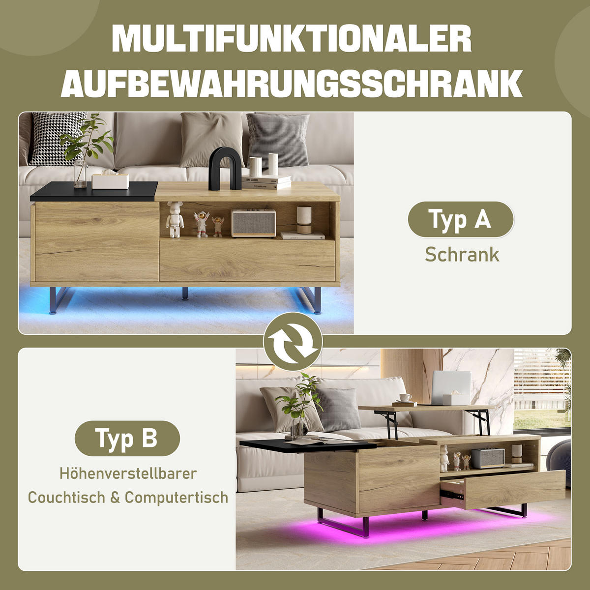 COUCHTISCH Natur Holzwerkstoff höhenverstellbar mit LED-Bodenlicht und vielfältigem Stauraum - Naturfarben, Holzwerkstoff (50/106.5/27.5cm) - Luhomfu