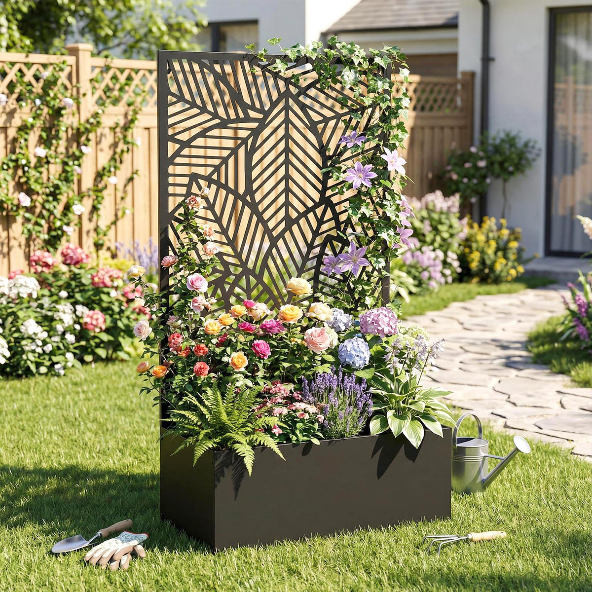 HOCHBEET mit Rankgitter Metall Schwarz - Schwarz, Metall (30/113/60cm) - Outsunny