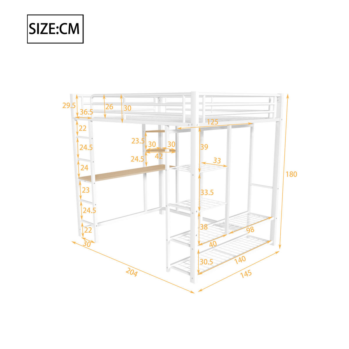 HOCHBETT 140/200 cm Weiß aus MDF und Metall mit Schreibtisch und Kleiderstange - Weiß, Metall (140/200cm) - OKMYHOME