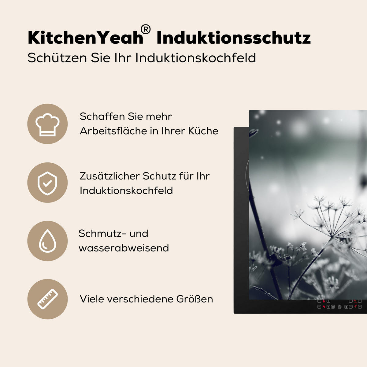 HERDABDECKPLATTE Blumen - Winter - Schnee - Natur Induktionsmatte 83x51 cm - Grau, Kunststoff (83/51.5/0.2cm) - MuchoWow