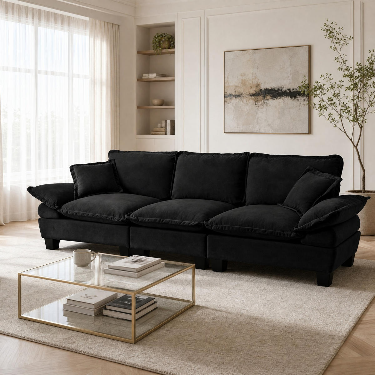 3-SITZER Sofa aus Chenille Schwarz 264x85x90 cm, 3-Sitzer mit abnehmbaren Armlehnen - Schwarz, Textil (264/90/85cm) - IVMEU