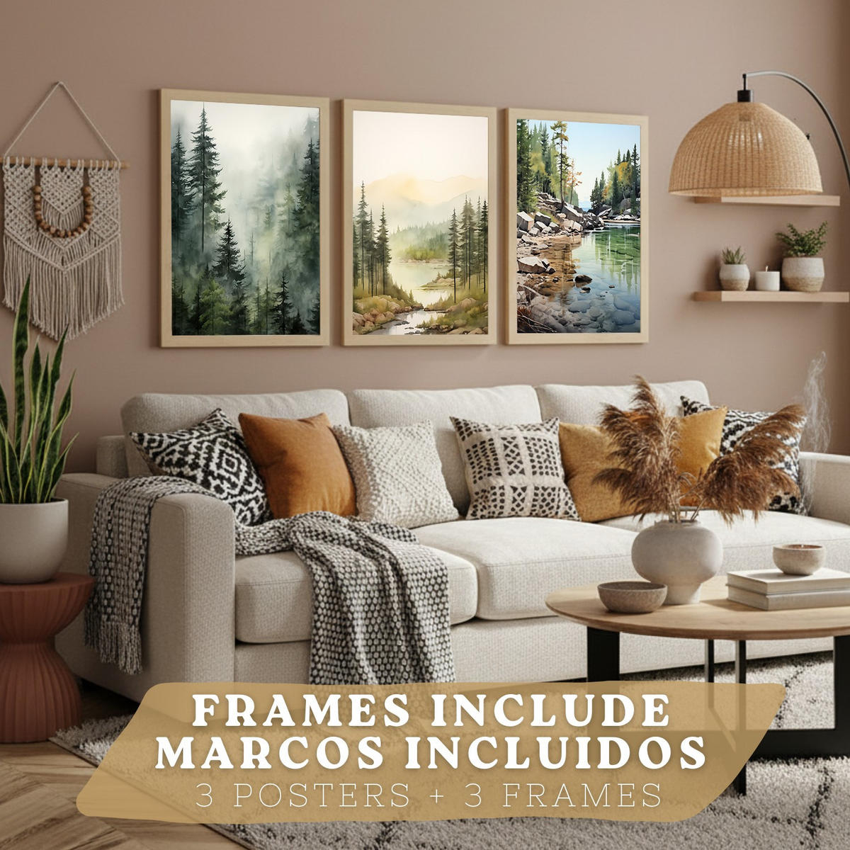 PLAKAT Sada 3 dekorativních tisků Nordic Landscape obývák Obrázky - zelené a hnědé dekorativní plakáty Dekorace ložnice Obývák A4 světlý dřevěný rám - béžová, papír (29.7/42/3cm)