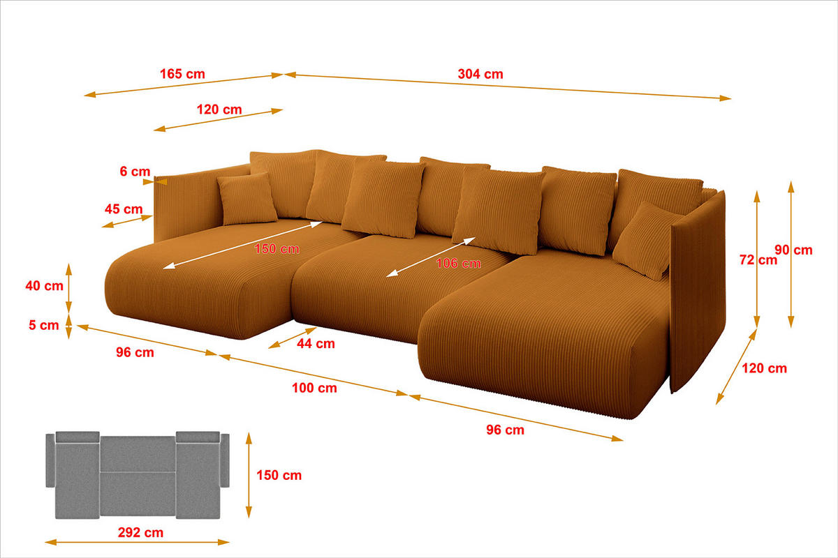 WOHNLANDSCHAFT mit Schlaffunktion und Bettkasten ONESK-U 304x165x40 Senfgelb Cord - Currygelb, Holzwerkstoff/Kunststoff (304/90/165cm) - ALTDECOR