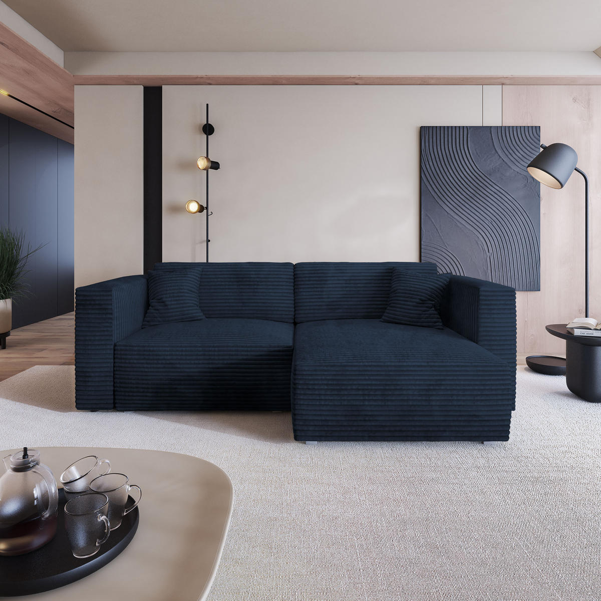 ECKSOFA NERIO Blau Kordstoff mit Schlaffunktion - Blau, Holz (245/148cm) - MASSENO