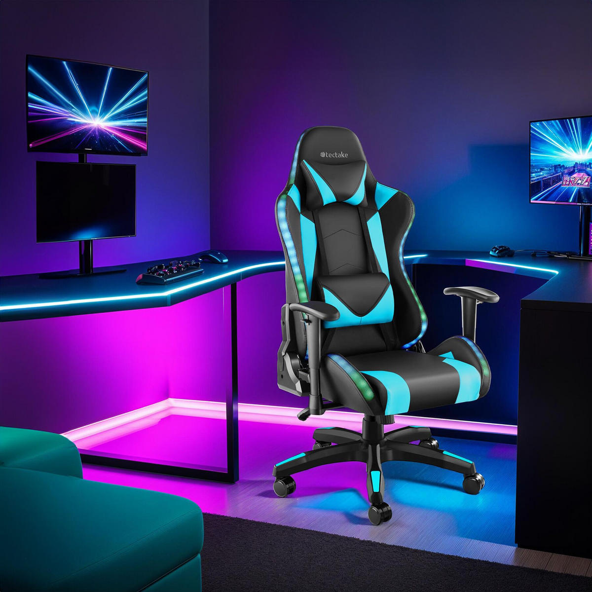 GAMINGSTUHL Tartaros,dicke Polsterung, Belastbarkeit 120 kg,schwarz/azur - Schwarz/Hellblau, Textil (66.5/126/69cm) - tectake
