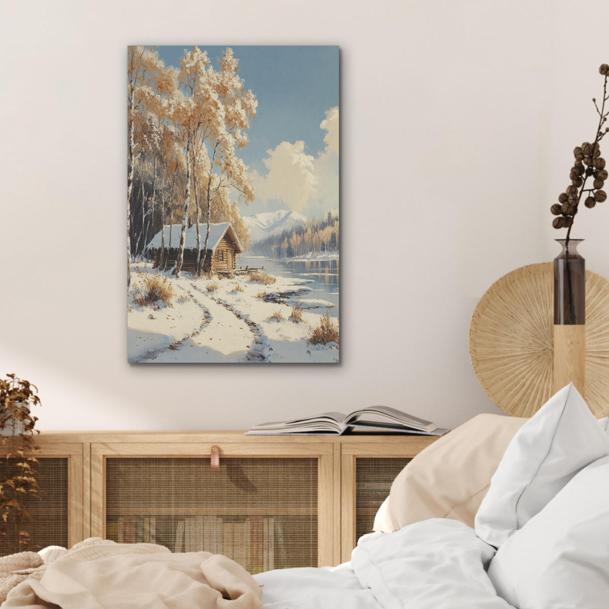 AKUSTIKBILD Winter - Schnee - Zuhause - Natur Kunstdruck Schlafzimmer 50x70 cm - Hellbraun, Kunststoff (50/70/0.9cm) - MuchoWow